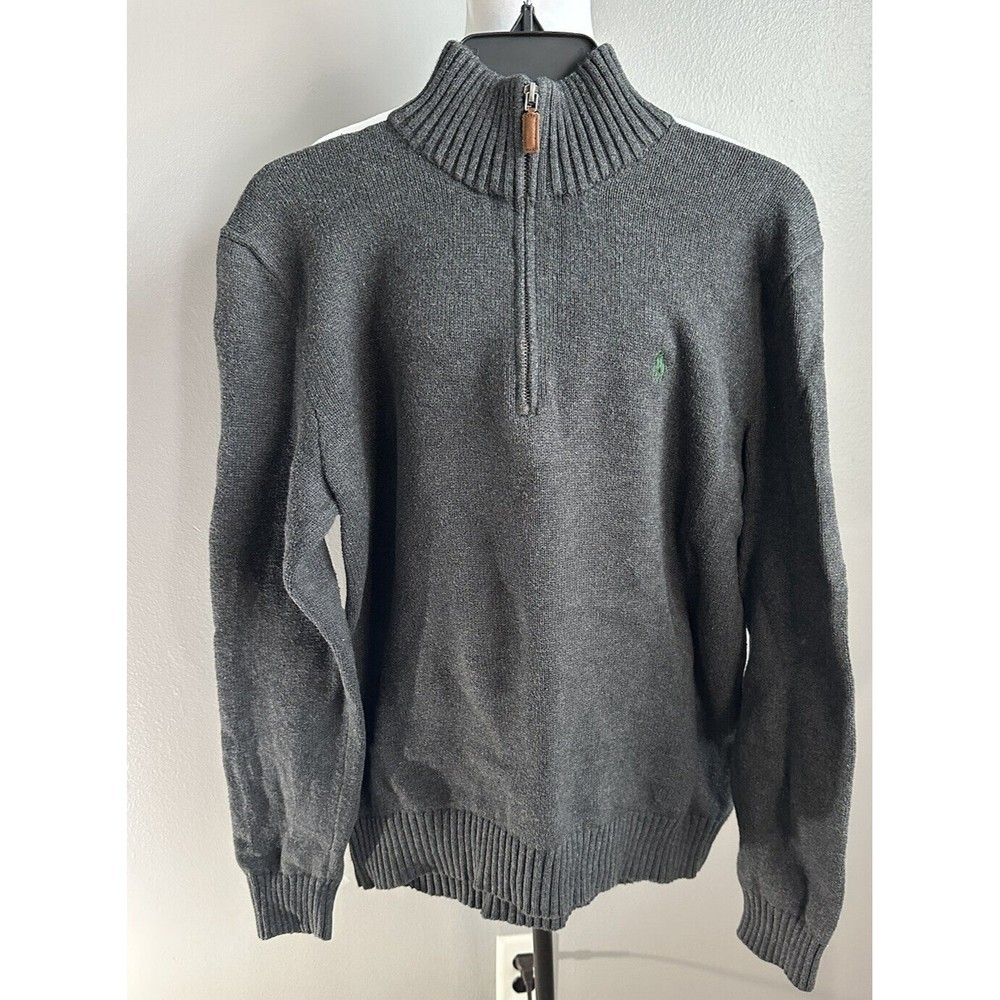 Polo Ralph Lauren Sweater Mens M Dark Gray 1/4 Zip Pullover Ribbed Henley Logo